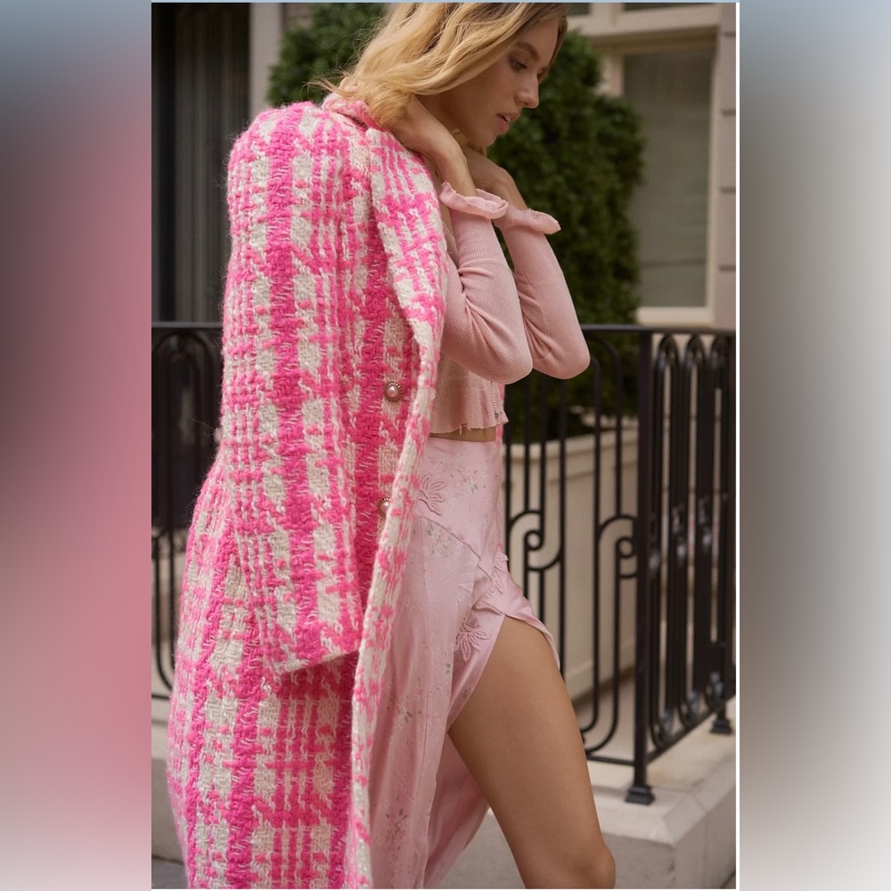 NWT LoveShackFancy Houndstooth Asryn Coat Majestic Pink XS